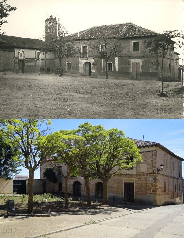 Foto del colegio de la Inmaculada en Mayorga en 1963 y en 2017